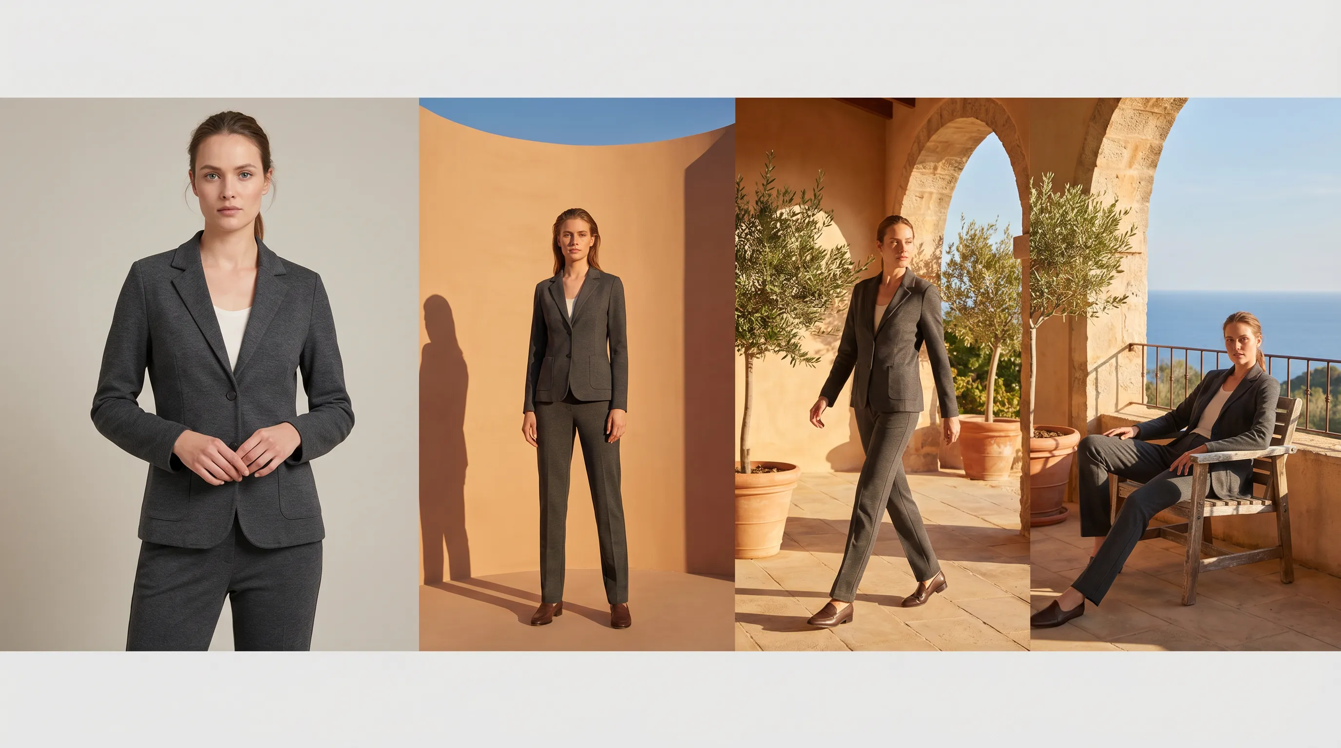 Split comparison of AI fashion imagery: a FASHN AI virtual try-on placing a garment onto a single model image versus an Adstronaut AI directed photoshoot of the same garment across named models, poses, and scenes