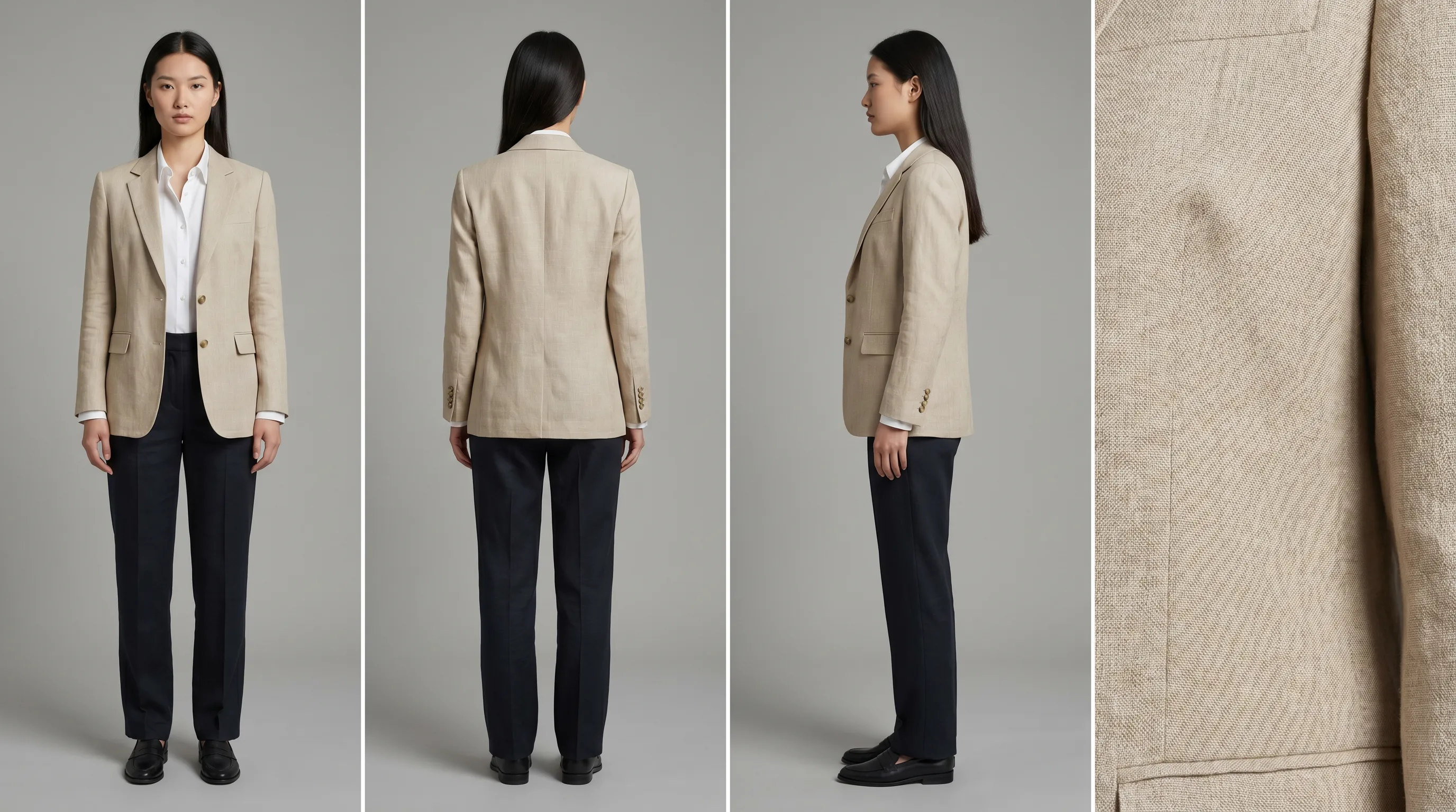Multi-angle AI lookbook gallery: the same garment on one consistent AI model shown front, back, side, and detail views against a uniform studio backdrop
